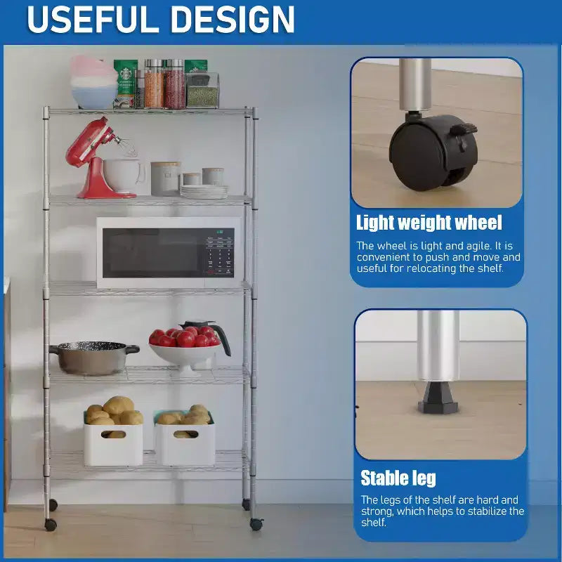 5 Tier Shelves Wire Shelving Unit Heavy-Duty Adjustable Storage Shelf with Lockable Wheels & Certified by NSF