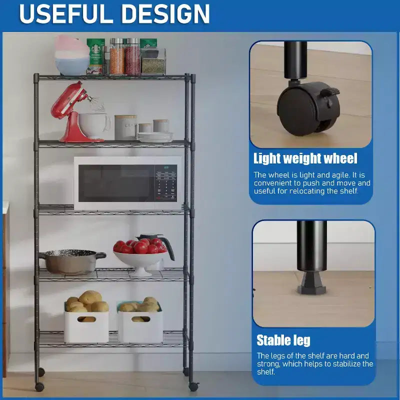 5 Tier Shelves Wire Shelving Unit Heavy-Duty Adjustable Storage Shelf with Lockable Wheels & Certified by NSF