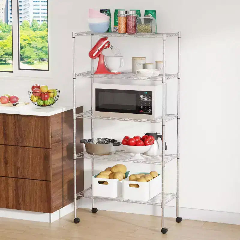 5 Tier Shelves Wire Shelving Unit Heavy-Duty Adjustable Storage Shelf with Lockable Wheels & Certified by NSF