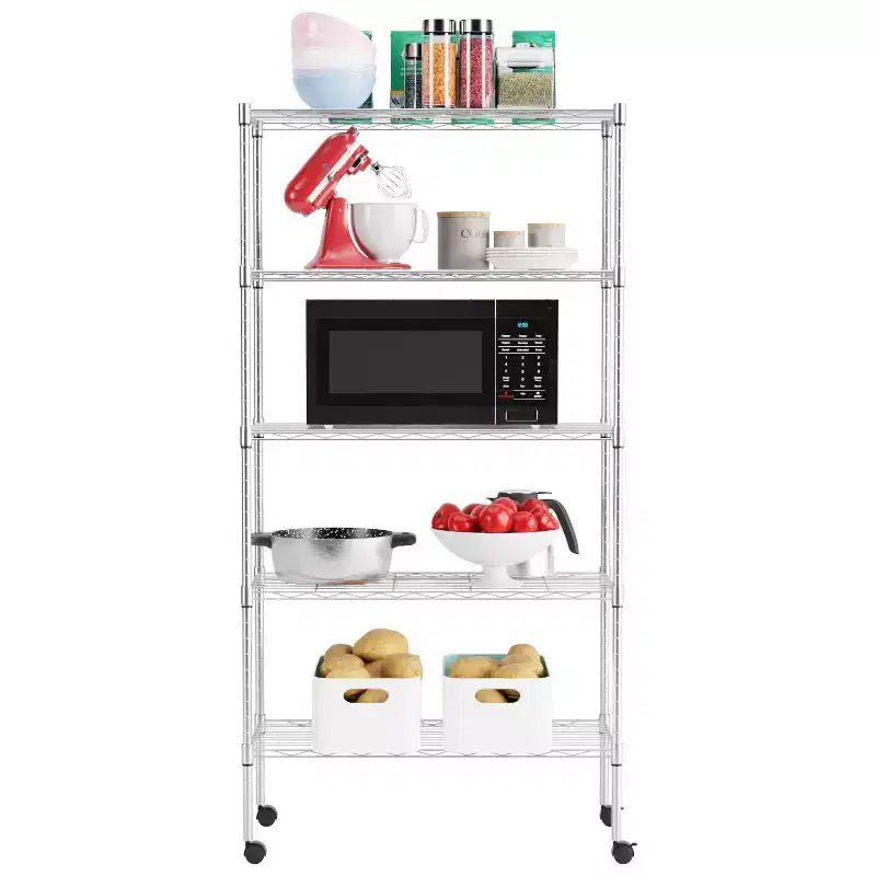 5 Tier Shelves Wire Shelving Unit Heavy-Duty Adjustable Storage Shelf with Lockable Wheels & Certified by NSF