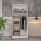 White Minimalist Double-Door Wardrobe with Hanging Section and Organized Storage
