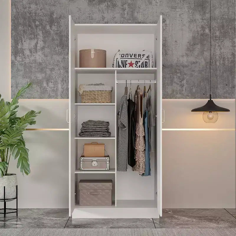 White Minimalist Double-Door Wardrobe with Hanging Section and Organized Storage