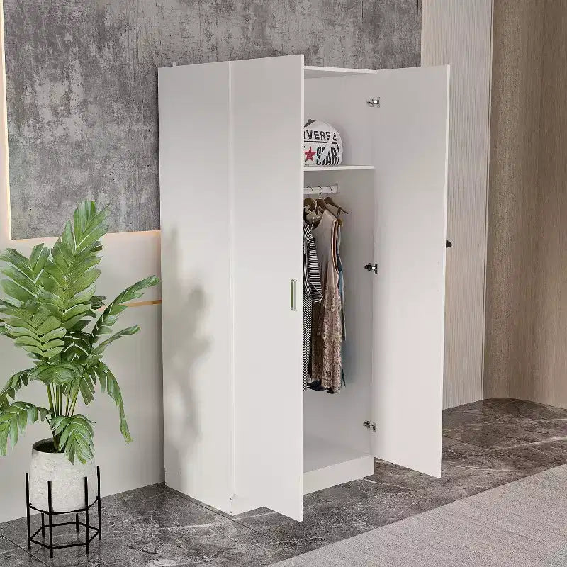 White Minimalist Double-Door Wardrobe with Hanging Section and Organized Storage