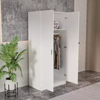 White Minimalist Double-Door Wardrobe with Hanging Section and Organized Storage