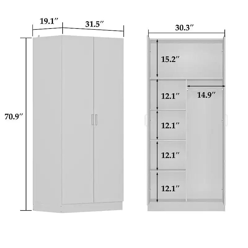 White Minimalist Double-Door Wardrobe with Hanging Section and Organized Storage