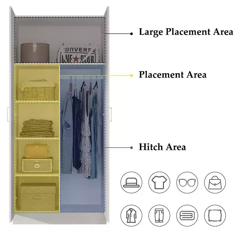 White Minimalist Double-Door Wardrobe with Hanging Section and Organized Storage