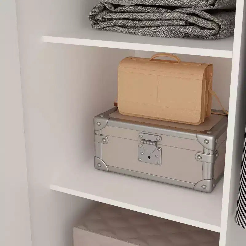 White Minimalist Double-Door Wardrobe with Hanging Section and Organized Storage