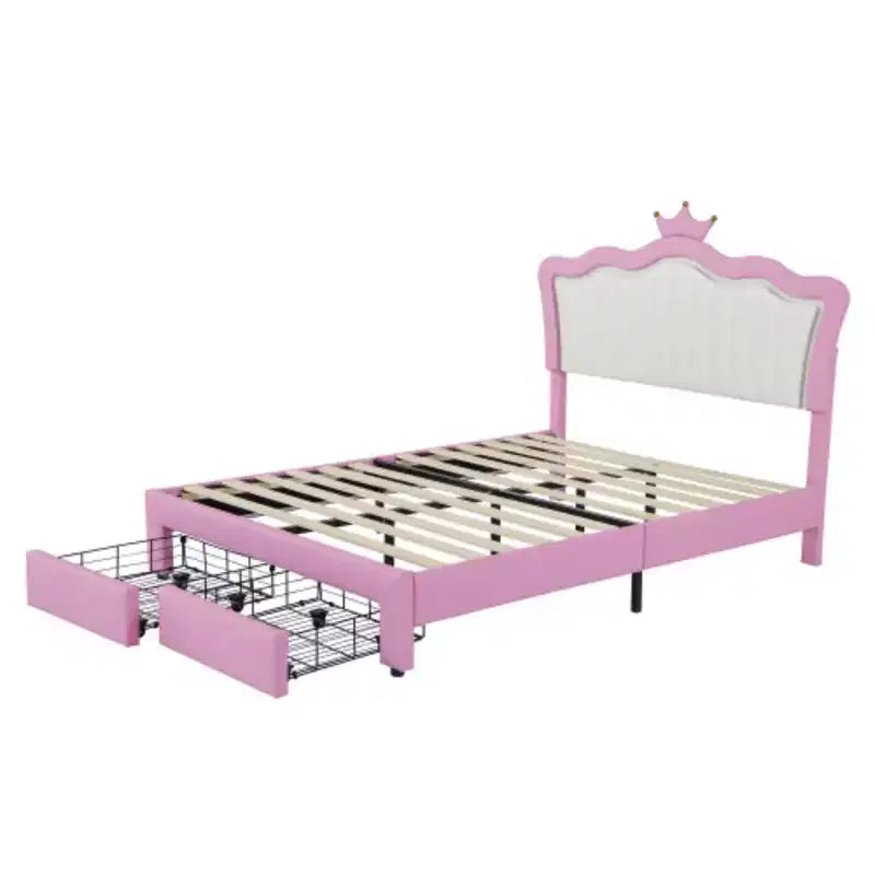 Upholstered Bed Frame with LED Lights, Princess Bed with Crown Headboard and Drawer