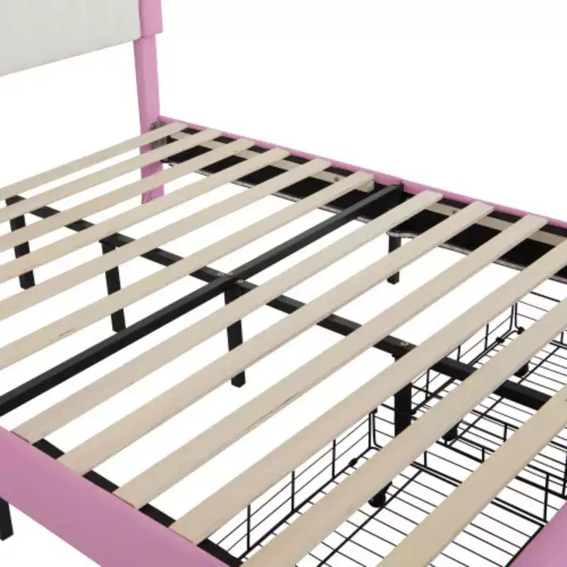 Upholstered Bed Frame with LED Lights, Princess Bed with Crown Headboard and Drawer