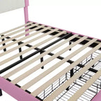 Upholstered Bed Frame with LED Lights, Princess Bed with Crown Headboard and Drawer