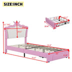 Upholstered Bed Frame with LED Lights, Princess Bed with Crown Headboard and Drawer