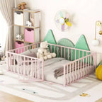 Pink Full-Size Metal Bed Frame with Fence and Door Feature
