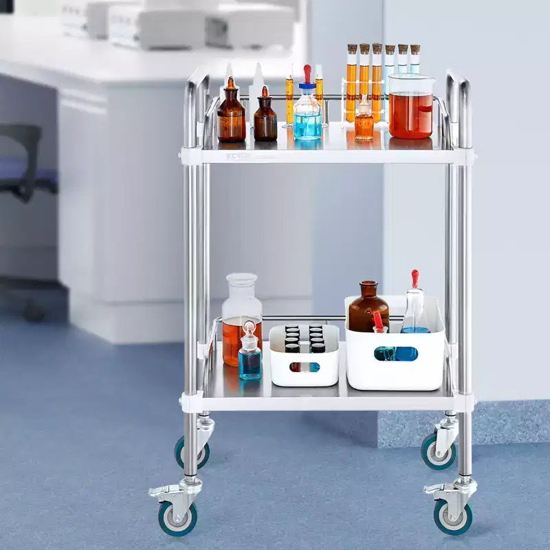 Lab Rolling Cart, 2-Shelf Stainless Steel Rolling Cart, Lab Serving Cart with Swivel Casters, Dental Utility Cart, 15.16x21.57x34.06
