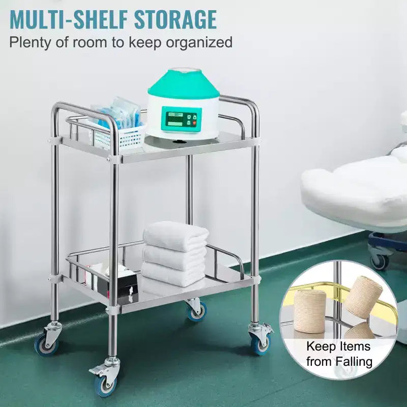 Lab Rolling Cart, 2-Shelf Stainless Steel Rolling Cart, Lab Serving Cart with Swivel Casters, Dental Utility Cart, 15.16x21.57x34.06