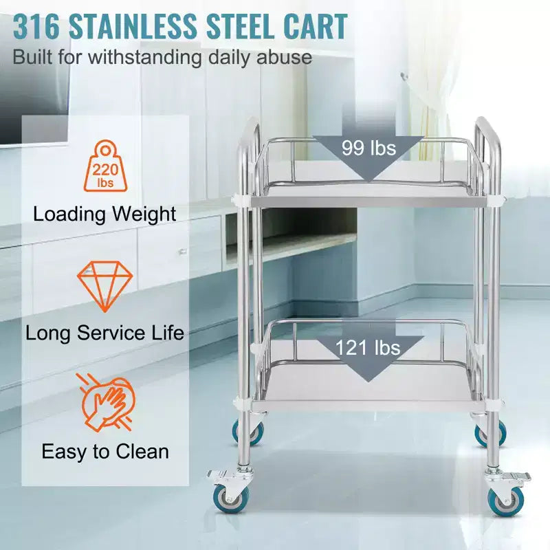 Lab Rolling Cart, 2-Shelf Stainless Steel Rolling Cart, Lab Serving Cart with Swivel Casters, Dental Utility Cart, 15.16x21.57x34.06