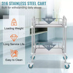 Lab Rolling Cart, 2-Shelf Stainless Steel Rolling Cart, Lab Serving Cart with Swivel Casters, Dental Utility Cart, 15.16x21.57x34.06