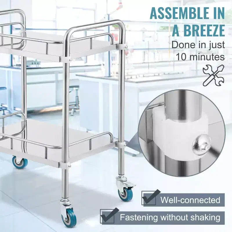Lab Rolling Cart, 2-Shelf Stainless Steel Rolling Cart, Lab Serving Cart with Swivel Casters, Dental Utility Cart, 15.16x21.57x34.06