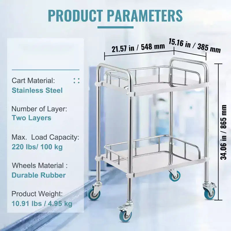 Lab Rolling Cart, 2-Shelf Stainless Steel Rolling Cart, Lab Serving Cart with Swivel Casters, Dental Utility Cart, 15.16x21.57x34.06