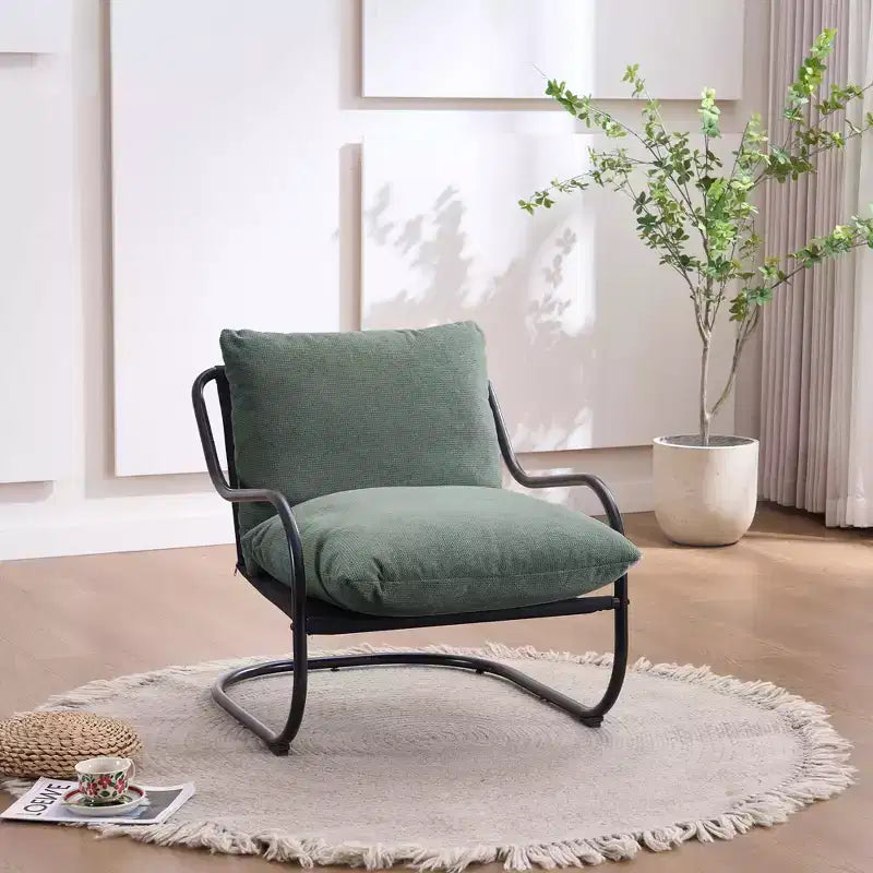 Modern Curved Accent Chair with Faux Linen Upholstery, Comfy Lounge Chair with Metal Frame & Cushions