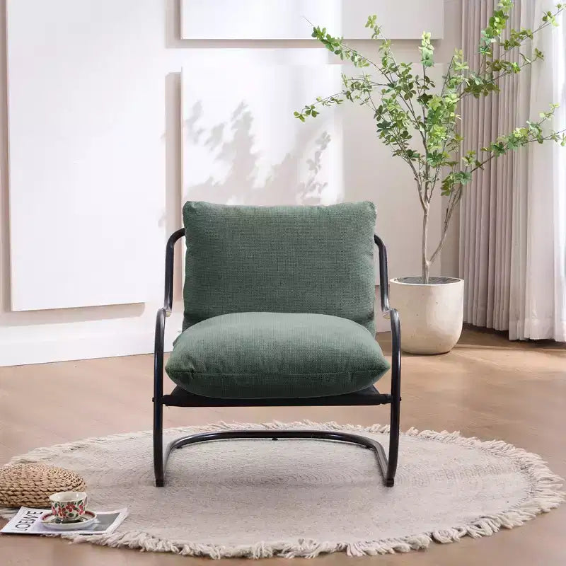 Modern Curved Accent Chair with Faux Linen Upholstery, Comfy Lounge Chair with Metal Frame & Cushions