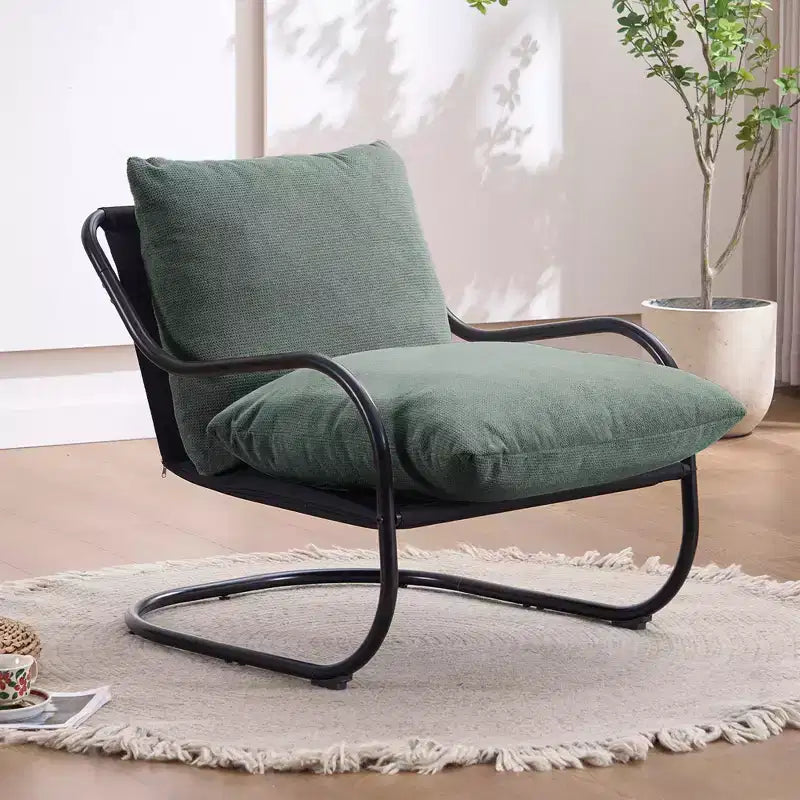 Modern Curved Accent Chair with Faux Linen Upholstery, Comfy Lounge Chair with Metal Frame & Cushions