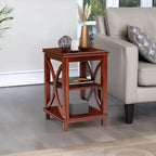 Solid Wood Square Sofa End Table with X-Design, Side Table with Storage Shelves, Cherry