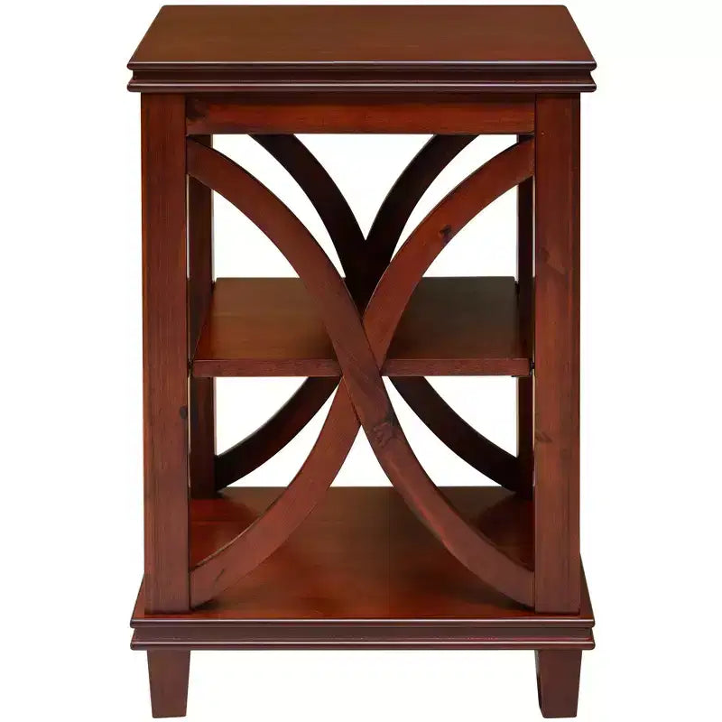 Solid Wood Square Sofa End Table with X-Design, Side Table with Storage Shelves, Cherry