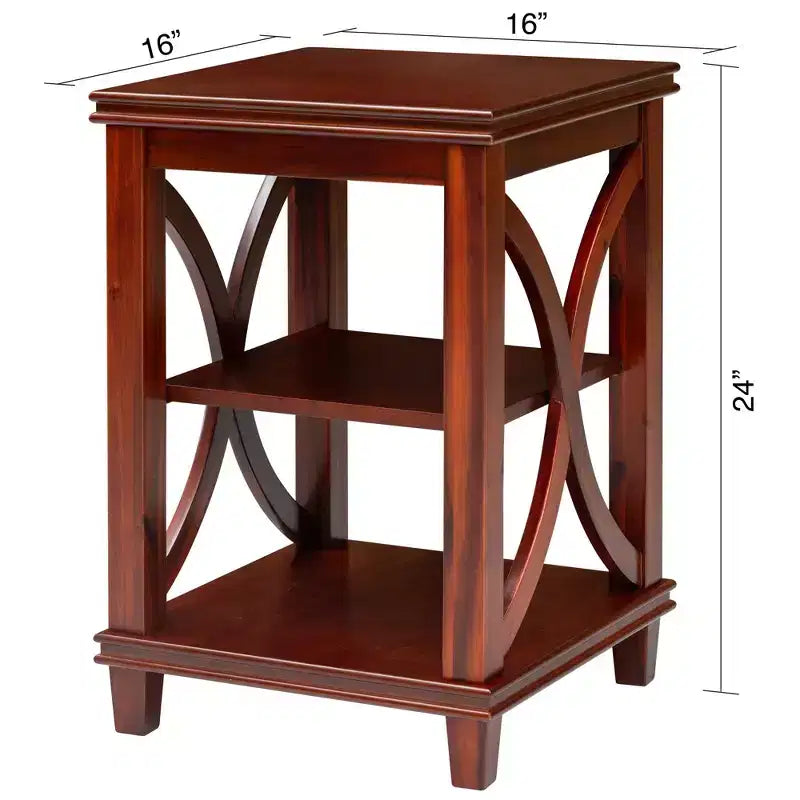 Solid Wood Square Sofa End Table with X-Design, Side Table with Storage Shelves, Cherry