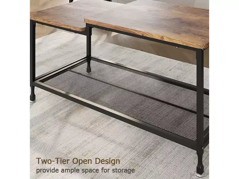 Coffee table, two-tiered rustic center table with grid shelf, industrial style living room table, cocktail table with adjustable feet