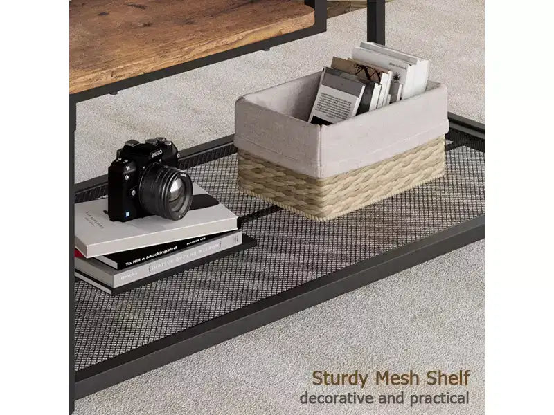 Coffee table, two-tiered rustic center table with grid shelf, industrial style living room table, cocktail table with adjustable feet