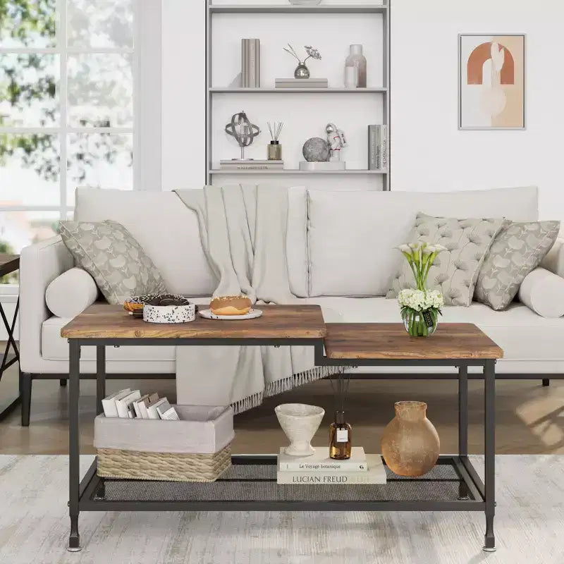 Coffee table, two-tiered rustic center table with grid shelf, industrial style living room table, cocktail table with adjustable feet