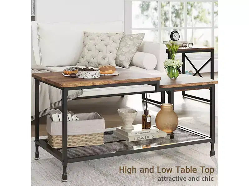 Coffee table, two-tiered rustic center table with grid shelf, industrial style living room table, cocktail table with adjustable feet