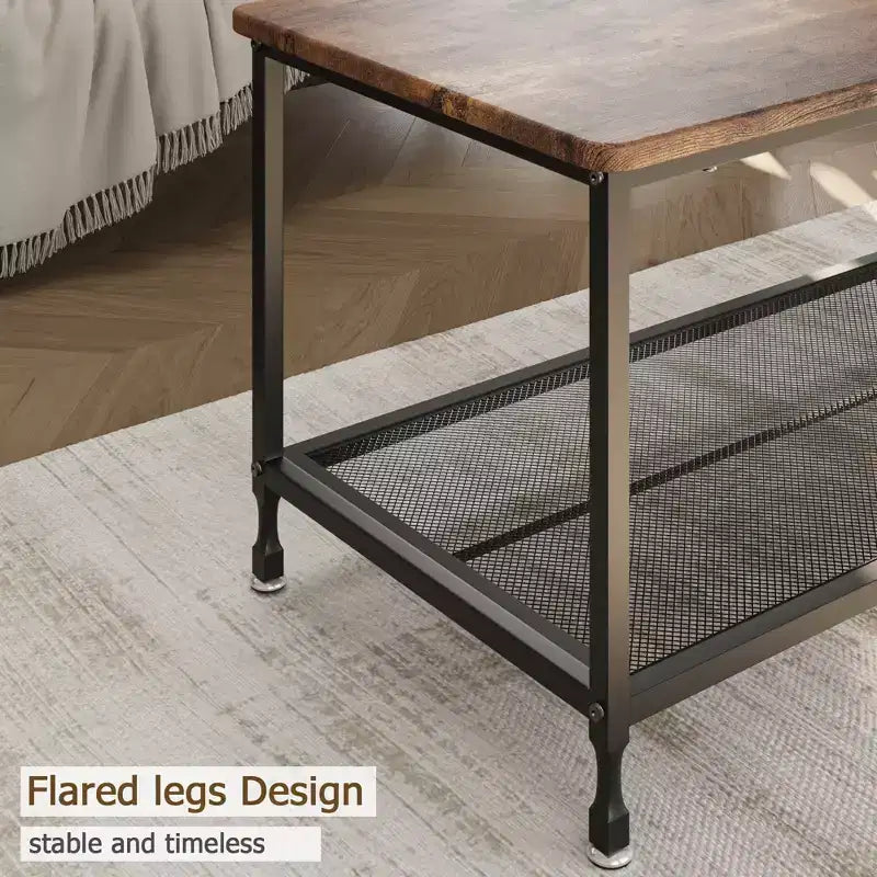 Coffee table, two-tiered rustic center table with grid shelf, industrial style living room table, cocktail table with adjustable feet