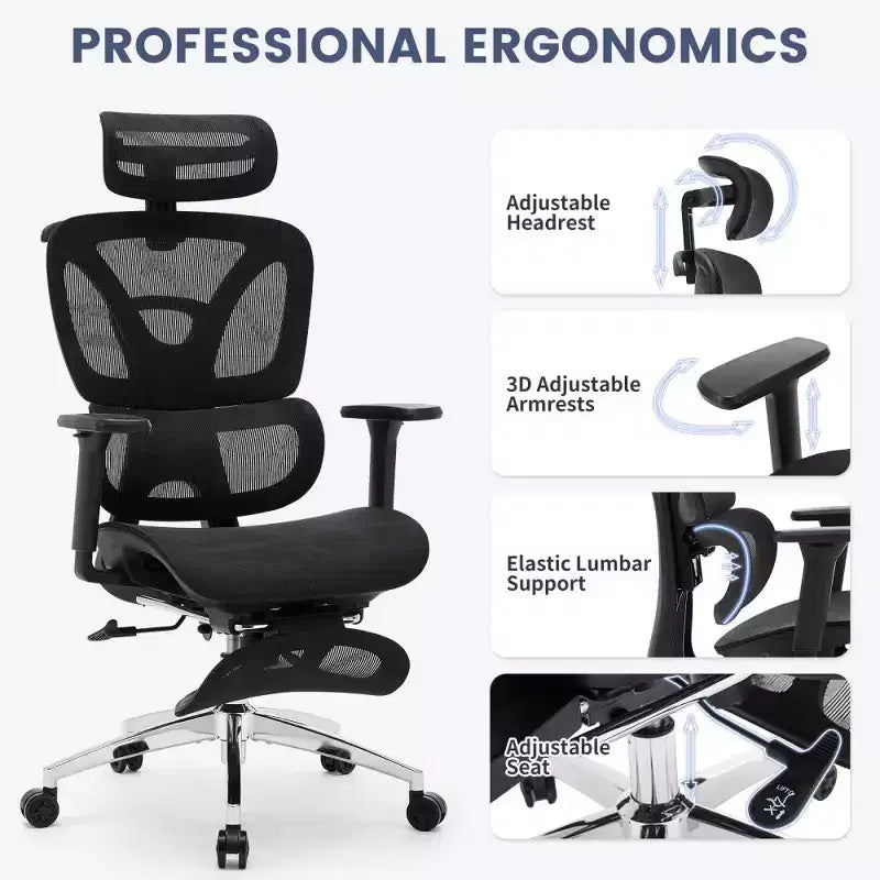 Ergonomic Mesh Office Chair with Adjustable 3D Armrests, High Back Desk Computer Chair, Retractable Footrest Wheels  Comfortable Swivel Task Chair