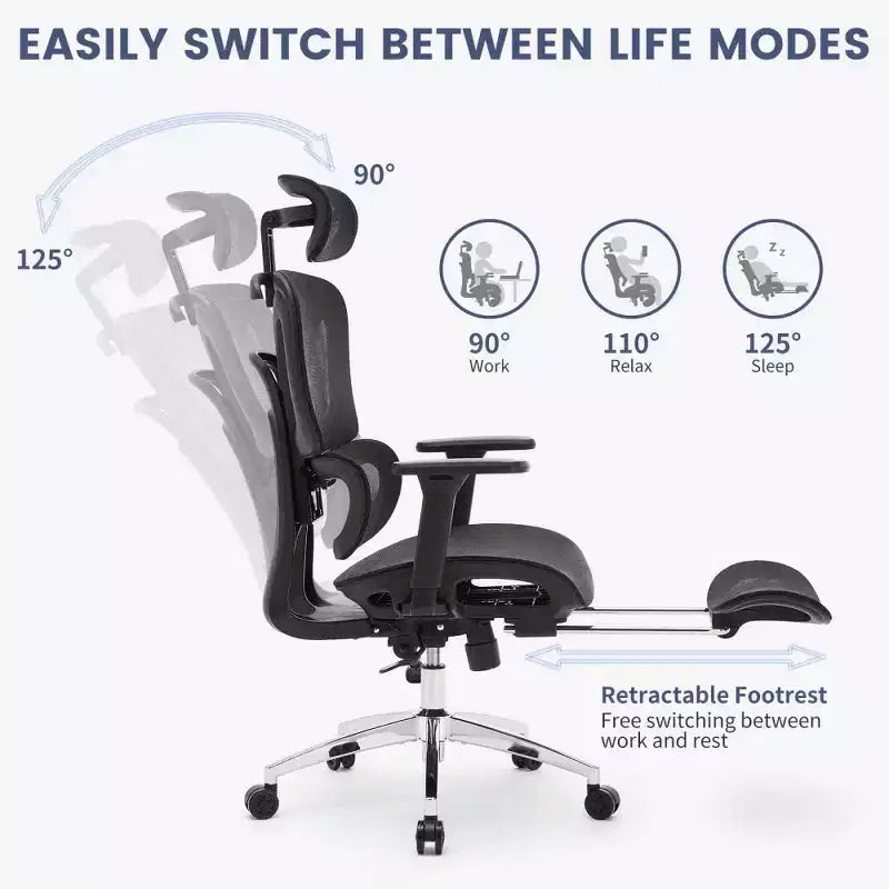 Ergonomic Mesh Office Chair with Adjustable 3D Armrests, High Back Desk Computer Chair, Retractable Footrest Wheels  Comfortable Swivel Task Chair