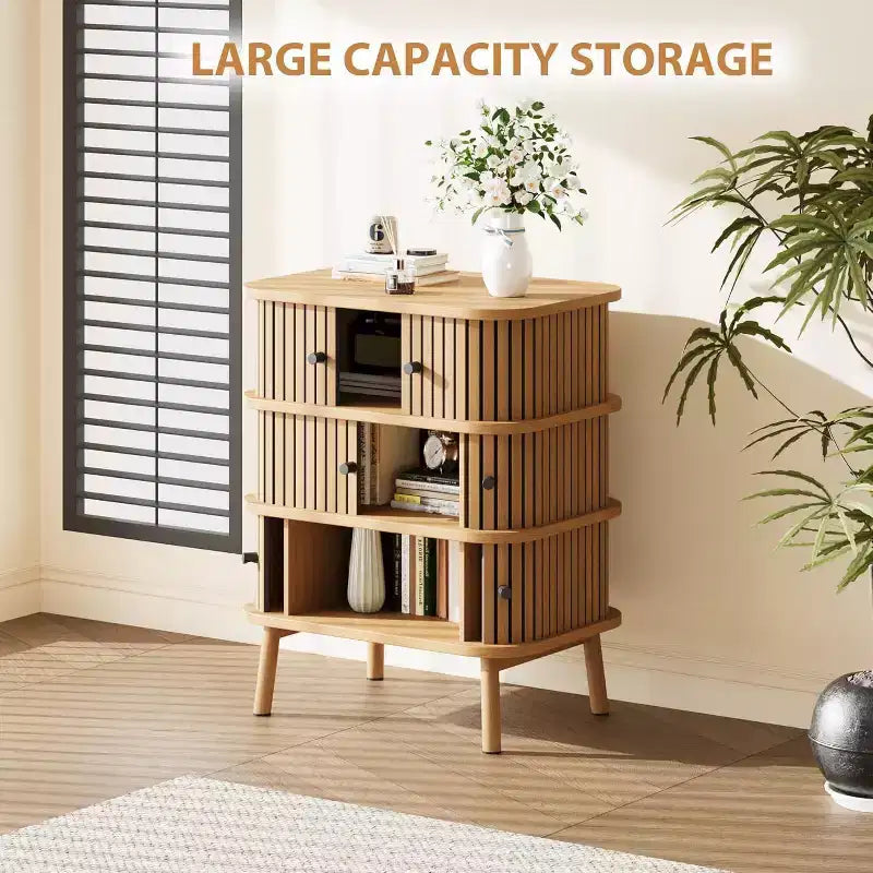 3 Drawer Dresser, Chest of Drawers for Bedroom, Spacious Storage Wicker Dresser with Matte Black Handles and Wood Legs for Closet, Hallway, Nature