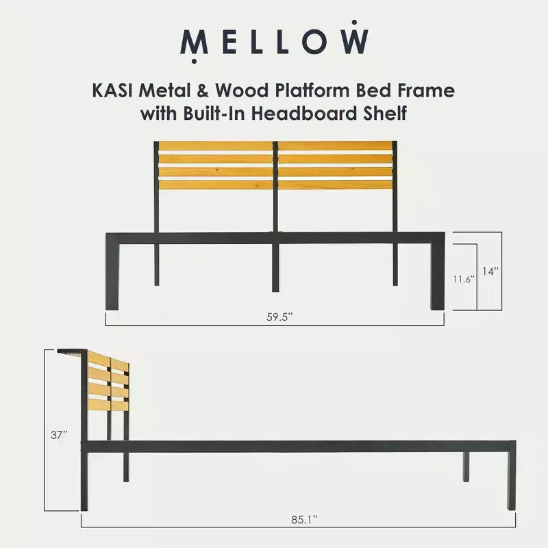 Metal & Wood Platform Bed Frame with Built-In Headboard Shelf