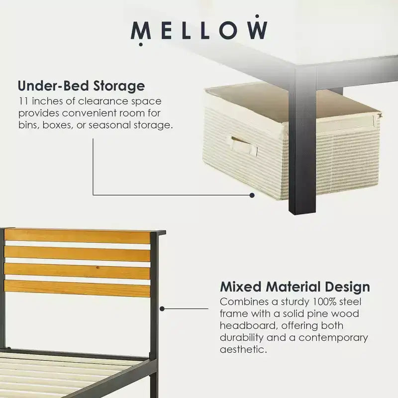 Metal & Wood Platform Bed Frame with Built-In Headboard Shelf