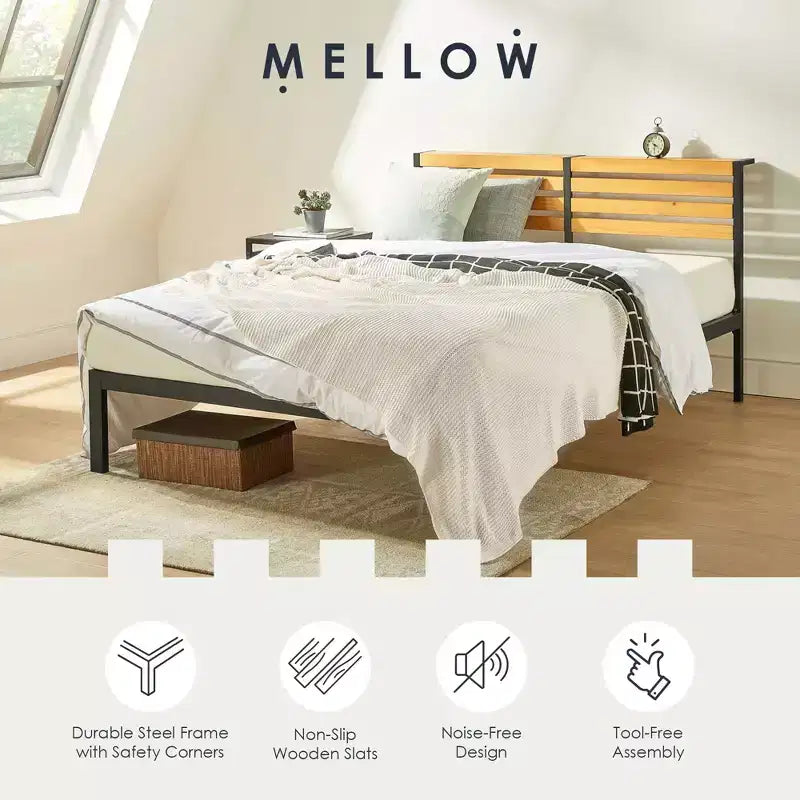 Metal & Wood Platform Bed Frame with Built-In Headboard Shelf