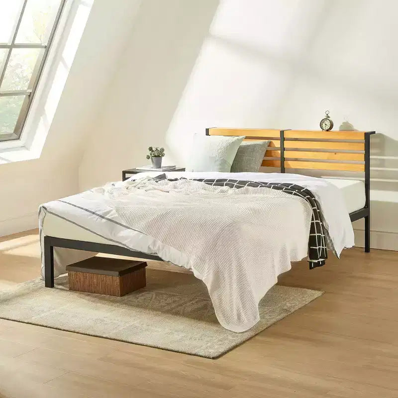 Metal & Wood Platform Bed Frame with Built-In Headboard Shelf