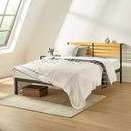 Metal & Wood Platform Bed Frame with Built-In Headboard Shelf