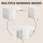 59'' Folding Table No Assembly Required, Rectangular Wooden Extendable Dinning Table With Wheels And Storage