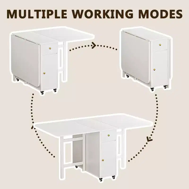 59'' Folding Table No Assembly Required, Rectangular Wooden Extendable Dinning Table With Wheels And Storage