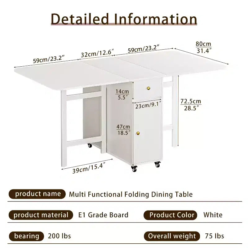 59'' Folding Table No Assembly Required, Rectangular Wooden Extendable Dinning Table With Wheels And Storage