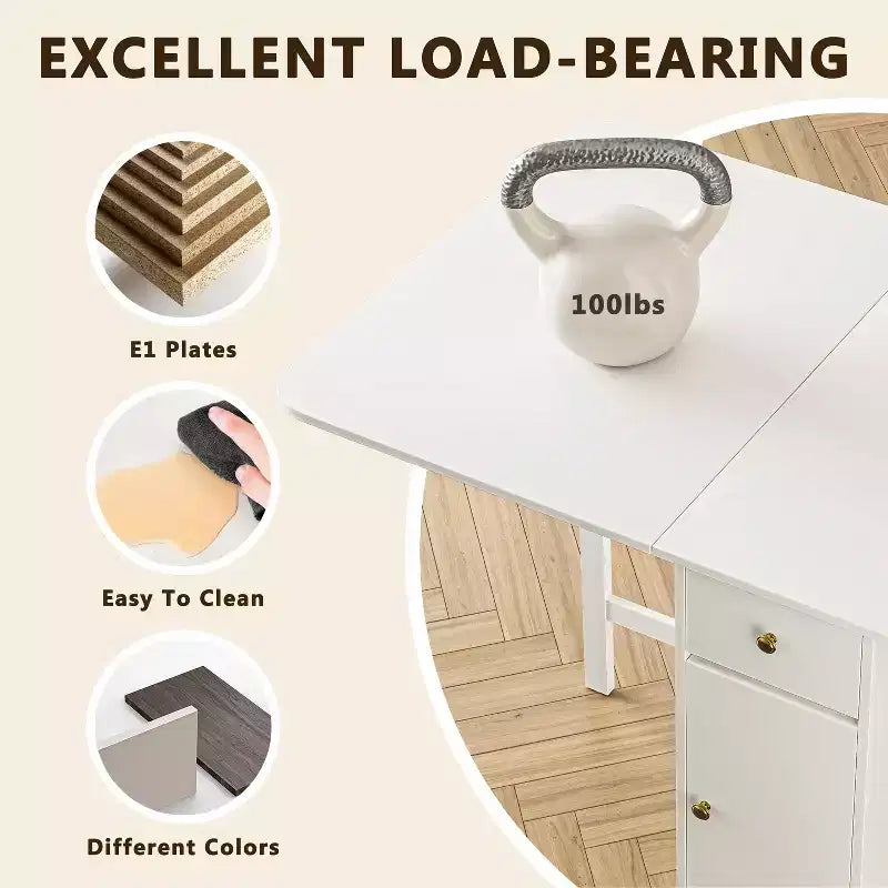 59'' Folding Table No Assembly Required, Rectangular Wooden Extendable Dinning Table With Wheels And Storage