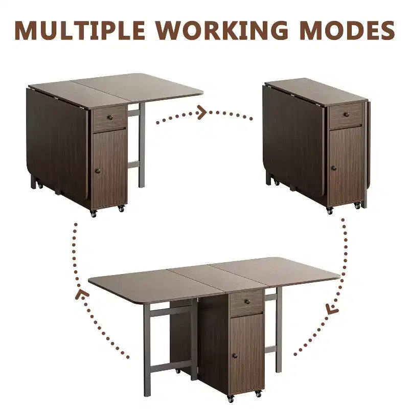 59'' Folding Table No Assembly Required, Rectangular Wooden Extendable Dinning Table With Wheels And Storage