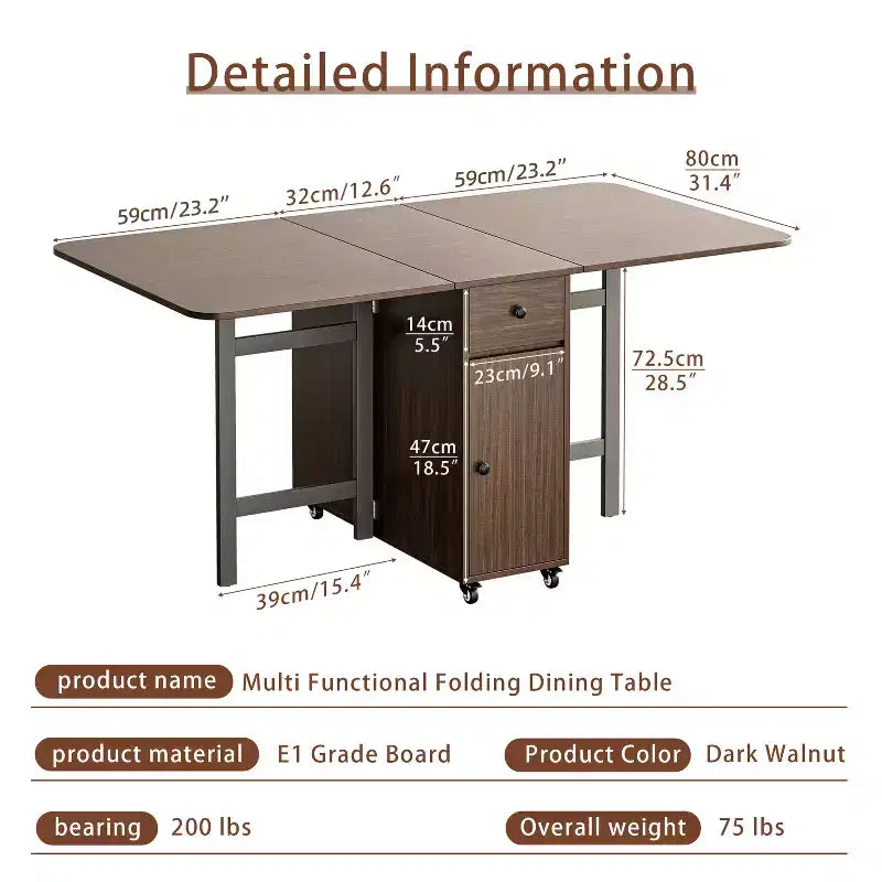 59'' Folding Table No Assembly Required, Rectangular Wooden Extendable Dinning Table With Wheels And Storage