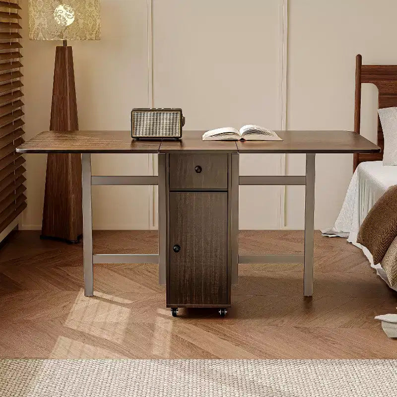 59'' Folding Table No Assembly Required, Rectangular Wooden Extendable Dinning Table With Wheels And Storage