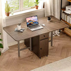 59'' Folding Table No Assembly Required, Rectangular Wooden Extendable Dinning Table With Wheels And Storage