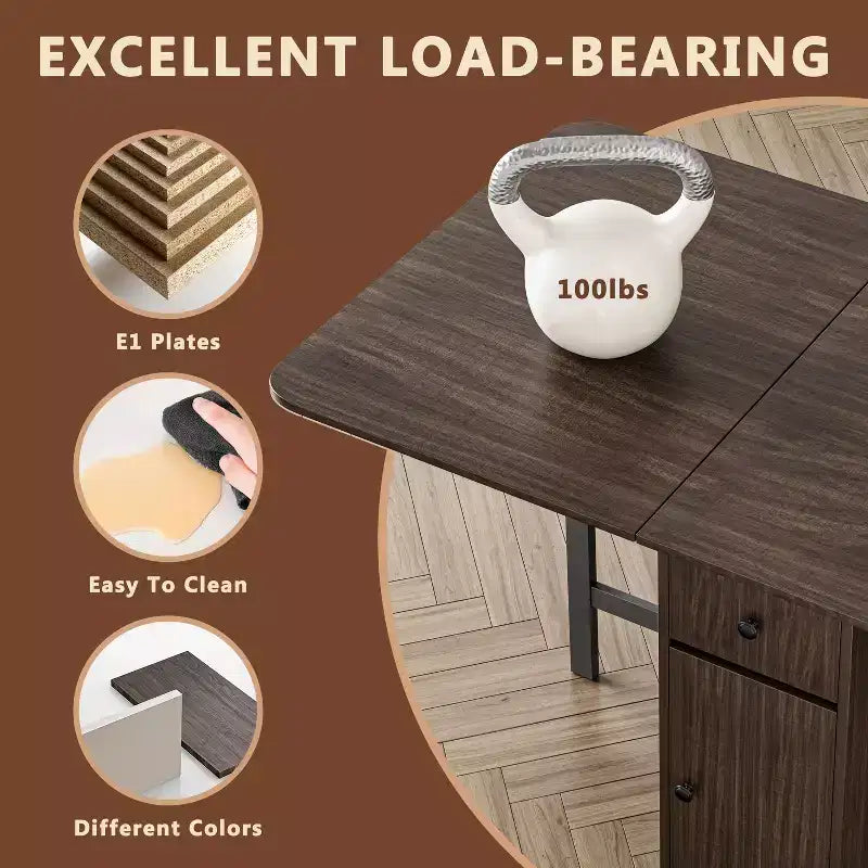 59'' Folding Table No Assembly Required, Rectangular Wooden Extendable Dinning Table With Wheels And Storage